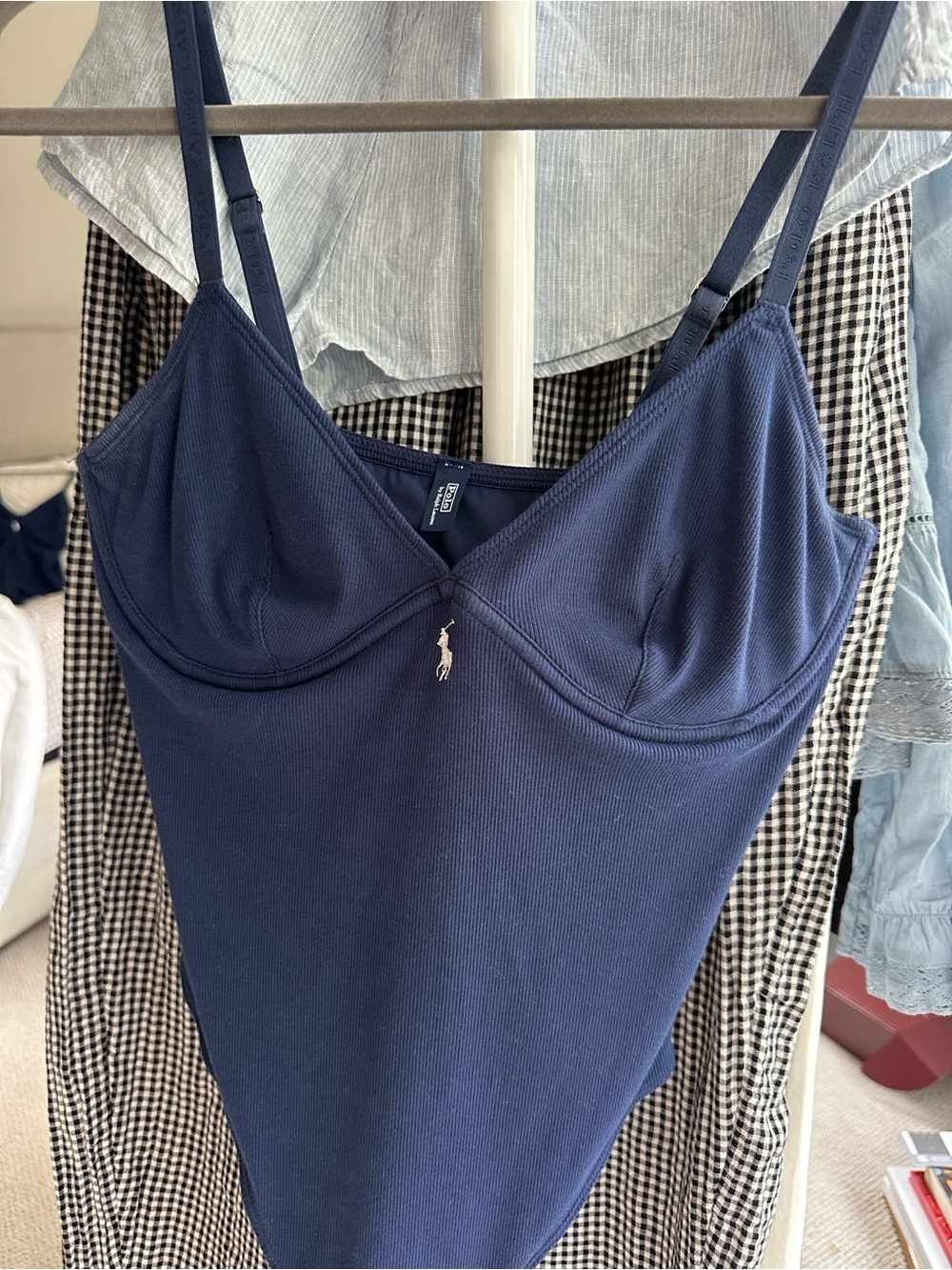 Ralph Lauren Navy Ribbed Spaghetti-Strap Bodysuit with Polo Pony - Picture 3 of 3